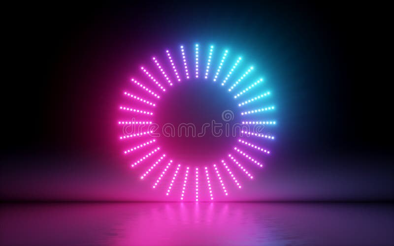 3d render, abstract background, round screen, ring, glowing dots, neon light, virtual reality, volume equalizer interface, hud, pink blue spectrum, vibrant colors, laser disc, floor reflection. 3d render, abstract background, round screen, ring, glowing dots, neon light, virtual reality, volume equalizer interface, hud, pink blue spectrum, vibrant colors, laser disc, floor reflection